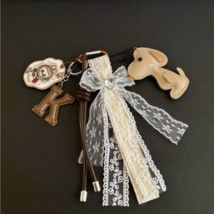 Lace Ribbon Dog Charm Keychain with Letter K